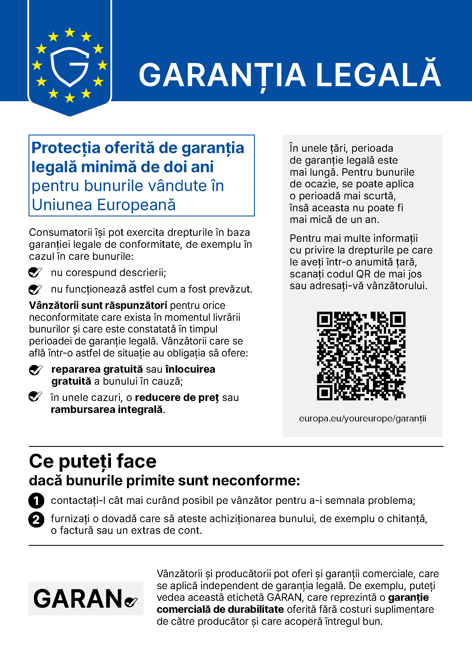 Notificarea oficială a Uniunii Europene privind garanția legală de conformitate, în limba română. Drepturile sunt explicate și în textul paginii.